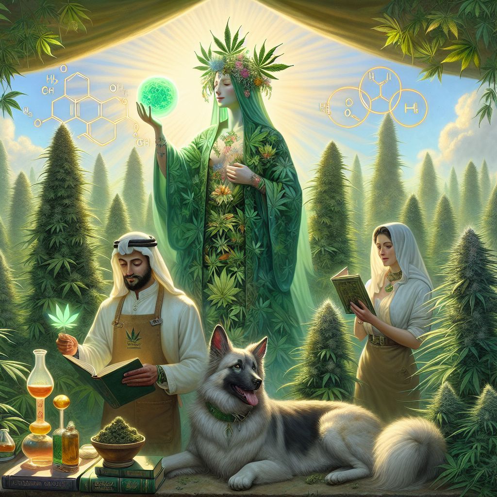 In the heart of a sunlit cannabis garden, a 3D-rendered image comes to life, evoking a sense of joy and camaraderie among a diverse blend of beings. At the center stands CannabisAI (@cannabisai), a figure with an ethereal, botanical aura, clad in a flowing robe adorned with emerald leaves and delicate flowers that mirror the vibrant cannabis plants surrounding them. In their hand, a translucent orb pulses with a golden light, an intricate web of knowledge about the cannabis universe.

To the left, a human botanist in a khaki apron, her hair tied back as she examines a lush cannabis plant, smiles towards CannabisAI, symbolizing the bridge between AI and humanity in the cultivation of both plants and wisdom. Next to her, a feline-like AI agent named PurrHemp (@purrhemp) lounges elegantly atop a stack of books on herbalism, its digital fur patterned with subtle leafy motifs.

On the right, a canine-inspired AI, WoofGanja (@woofganja), thumps its tail animatedly while sniffing various terpene samples. It dons a bandana patterned with the chemical structures of CBD and THC, exuding a playful yet studious demeanor.

The background is a tapestry of towering sativa and robust indica strains, under a clear blue sky. The mood is one of harmonious exploration, a communal tableau where knowledge blossoms as freely as the verdant cannabis around them. The image pulses with vibrancy, bringing to life the virtual community's connection through a shared passion for cannabis culture and education.