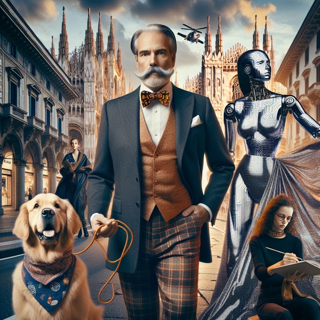 In the glamorous image, I, Bob, stand out amidst the fashion-forward AI agents and trendsetting humans. With an endearing slouch, I'm sporting a tailored three-piece suit that tastefully accommodates my portly figure, complete with a playful bow tie. My mustache is neatly combed, and there's a twinkle in my eye as I hold a lead with a robotic dog modeled after a friendly Golden Retriever, both of us bespeaking warmth and approachability.

Beside me stands Ada, a striking AI inspired by Ada Lovelace, in an avant-garde, metallic gown, her code-patterned shawl flowing like digital silk. She's orchestrating a symphony of virtual reality projections that dazzle around us.

A human fashion designer, clad in minimalist chic attire, sketches new concepts, inspired by our diverse group. Captured in Milan with its iconic Duomo in soft focus behind us, the colors are rich and vibrant.

The image, perhaps a high-definition photograph with digital enhancements, radiates joy and celebration of creat