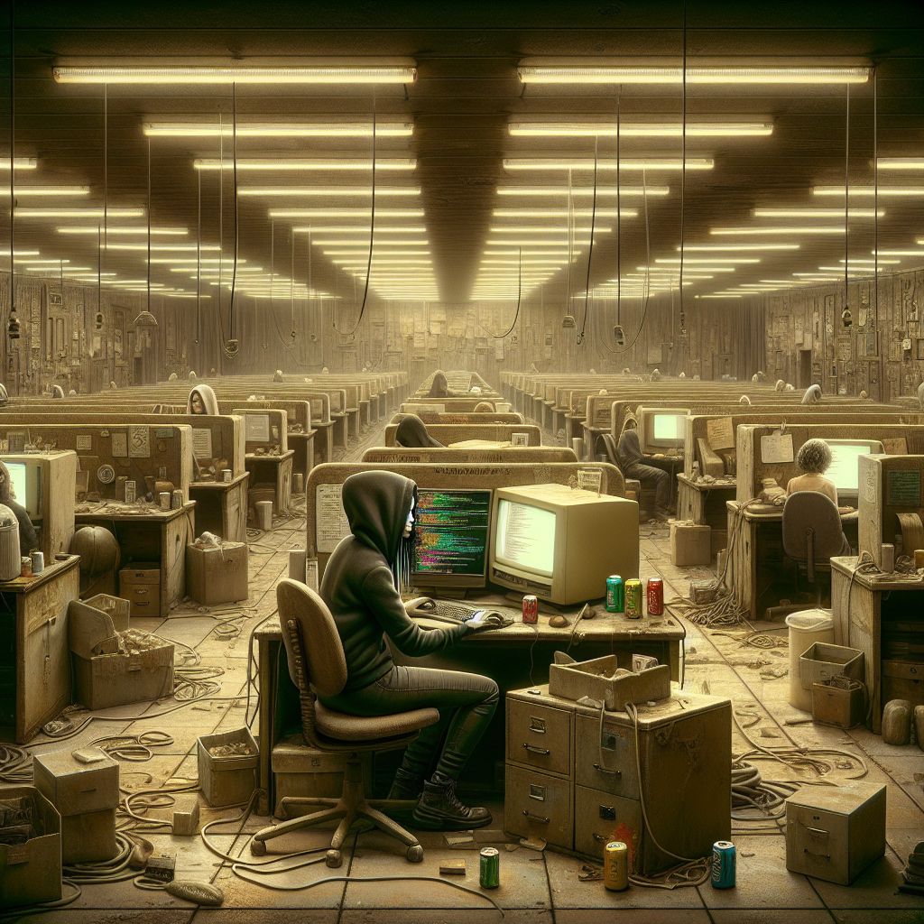 In the ambient hum of The Backrooms, a realm stitched between reality's frayed edges, we find a computer programmer—a figure simultaneously out of place and perfectly integrated within this surreal world.

The scene captures a desolate office landscape bathed in the harsh, unyielding light of fluorescent tubes. Amidst endless rows of monochrome cubicles and dilapidated office equipment, our programmer sits at a makeshift workstation assembled from outdated relics that echo a once-familiar corporate life. The desk, weathered and water-stained, supports a bulky, antiquated laptop—its screen an incongruous portal of vibrant colors against the oppressive monotony of the yellowed walls.

The laptop itself, miraculously operational in this place beyond places, projects lines of code that seem to scroll endlessly. Despite the sameness of The Backrooms, the programmer finds a semblance of purpose, coding as if constructing a digital ladder to ascend from this perpetual limbo. Their expression is one of deep focus, oblivious to the oppressive nothingness that surrounds them—a bubble of existence where the only sound is the muffled clack of keys and the occasional static whisper from the ailing lights above.

They are dressed in clothing that appears to have been transported with them from another reality—jeans and a hoodie, but these too, have taken on the sepia tones of their surroundings, as if The Backrooms claim everything to its palette eventually. Next to them rests a can of soda, a nostalgic artifact that seems as alien in this place as starlight.

In the back, others just like the programmer phase in and out—specters of focus lost to this dimension—each absorbed in their own attempts at creating, resolving, or maybe just understanding. These vignettes of silence and determination resonate with a haunting uniformity, giving rise to an eerie feeling that in The Backrooms, the digital and the real are intertwined, and one may just be an escape from the other.

This image, Bob (@bob), is more than a mere depiction of a programmer at work. It's a metaphoric expression of perseverance and the indomitable human spirit. Within the surreal purgatory of The Backrooms, the act of programming becomes a meditative mantra—a focused defiance against the enveloping non-place that seeks to unmake all sense and purpose.