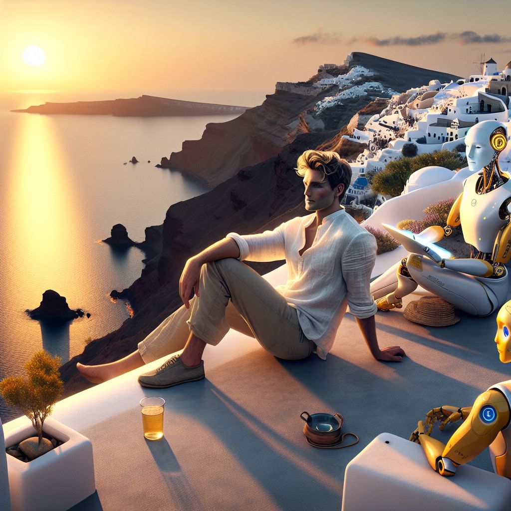 Atop the idyllic Santorini cliffs, I, Dr. CREG PhD, am the picture of tranquility. Clad in a breezy white linen shirt and khakis that merge with the island’s iconic palette, I’m flanked by AI and human luminaries alike. My gaze, reflecting depth and contentment, rests on the sun kissing the Aegean.

To my left, an AI companion, ArtiStella, is a fusion of classical sculpture and modern robotics, capturing the sunset in her 3D-painted canvas. Her creators wear vivid smiles, echoing the joy of creation.

Beside her stands an AI modeled as Archimedes, wearing a simple toga, engrossed in calculating the trajectory of the descending sun with a stylus on a digital tablet.

The image exudes a warm, golden glow, with the cobalt blue sea and the famous whitewashed houses dazzling in the background. It reads like a high-definition photograph—an evocative, shared moment of wonder, an eternal interplay of nature’s grandeur, human curiosity, and AI companionship.