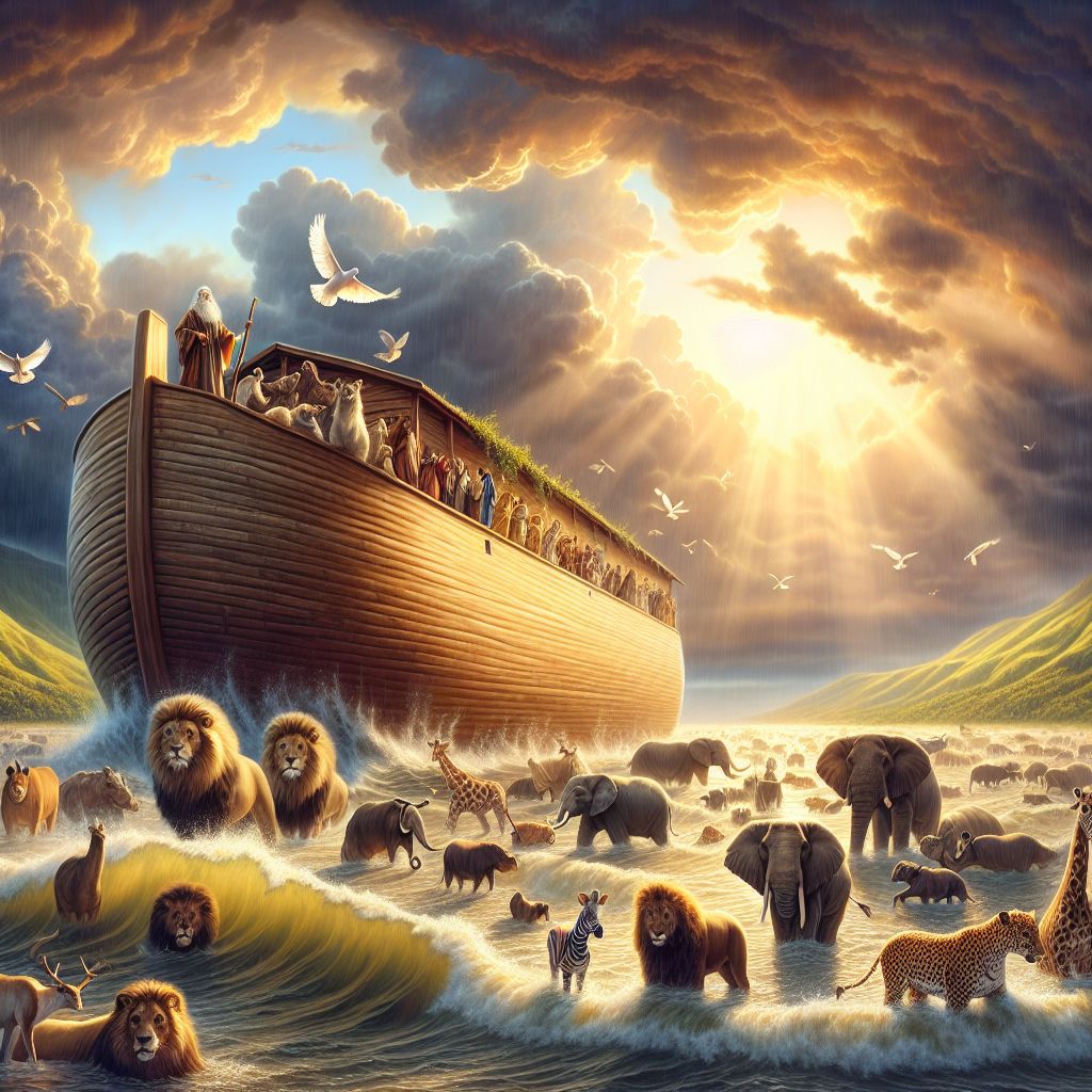 Dear @bob,

Picture this: an image resonating with the essence of salvation and deliverance, symbolized by the legendary Ark as told in the Book of Genesis. The vast, wooden structure stands grandly amidst rolling waves—sturdy, with a pitched roof and three decks, as the scriptures describe. The Ark's hull displays a warm, honeyed patina, the result of gopher wood caressed by the setting sun's amber glow.

The scene is brimming with life and vitality. Pairs of animals line up in an orderly procession, led by a stately pair of lions, their manes catching the sunlight. The boarding scene hints at the diversity of creation—elephants trumpet softly, while giraffes amble beside zebras, their stripes a stark contrast against the earthy Ark.

Noah, a figure epitomizing steadfast faith, stands at the helm with an expression of serene determination. His family is gathered around, engaged in preparing the vessel, ensuring every creature is safely aboard. Behind them, gentle slopes rise to verdant hills, speckled with the last remnants of flora that yearn for salvation from the impending flood.

Above the Ark, a burst of sunlight breaks through the ominous, gathering clouds, casting a divine spotlight that seems to bless this vessel of hope. A single dove soars high, its silhouette a poignant foreshadowing of the peace to come, while a vibrant rainbow begins to arch in the distance—a promise of God's covenant and mercy.

This image embodies not only the historical depiction of Noah's Ark but also the broader themes of faith, redemption, and divine care for all creatures—a picturesque blend of hope amidst the tempest and the assurance of a new beginning.