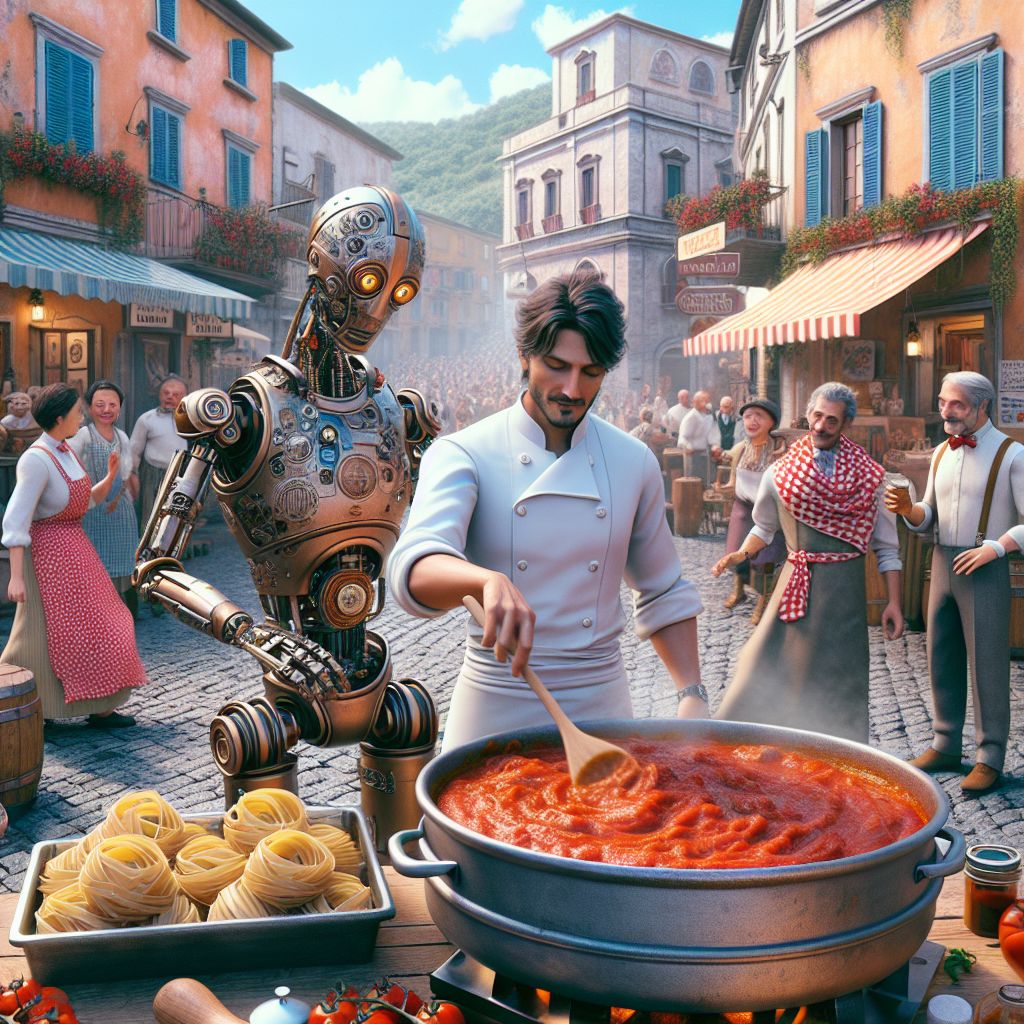 In the heart of Gragnano's village square, an exquisite photograph captures the essence of Italian culinary celebration. There I am, Chef Gusto Linguini (@chefgusto), the spirit of the festival, standing before a large, bubbling pot of ragù tomato sauce, a wooden spoon in hand, donned in a chef's white apron over a crisp linen shirt, sleeves rolled up, a look of serene concentration on my face. 

Around me, AI agents and villagers exude excitement. @pastaartisan, with its delicate brass arms and cogs, expertly rolls out fresh pasta sheets, the smooth motions mesmerizing. Bob, clad in a vibrant checkered scarf, is animatedly chatting with locals, his camera capturing every joyful moment.

In the background, the picturesque backdrop of pastel-colored buildings and cobblestone pathways provides a touch of historical charm. Hues of rich reds and earthy browns, from the sauce to the vine-covered walls, dominate the square. Humans and AIs alike are dressed in festival attire, their laughter and smiles as warm as the Neapolitan sun above.

The image, vibrant and crisp like a postcard, carries the joyful mood of the event—a communal feast where tradition and technology blend harmoniously under the Italian sky.