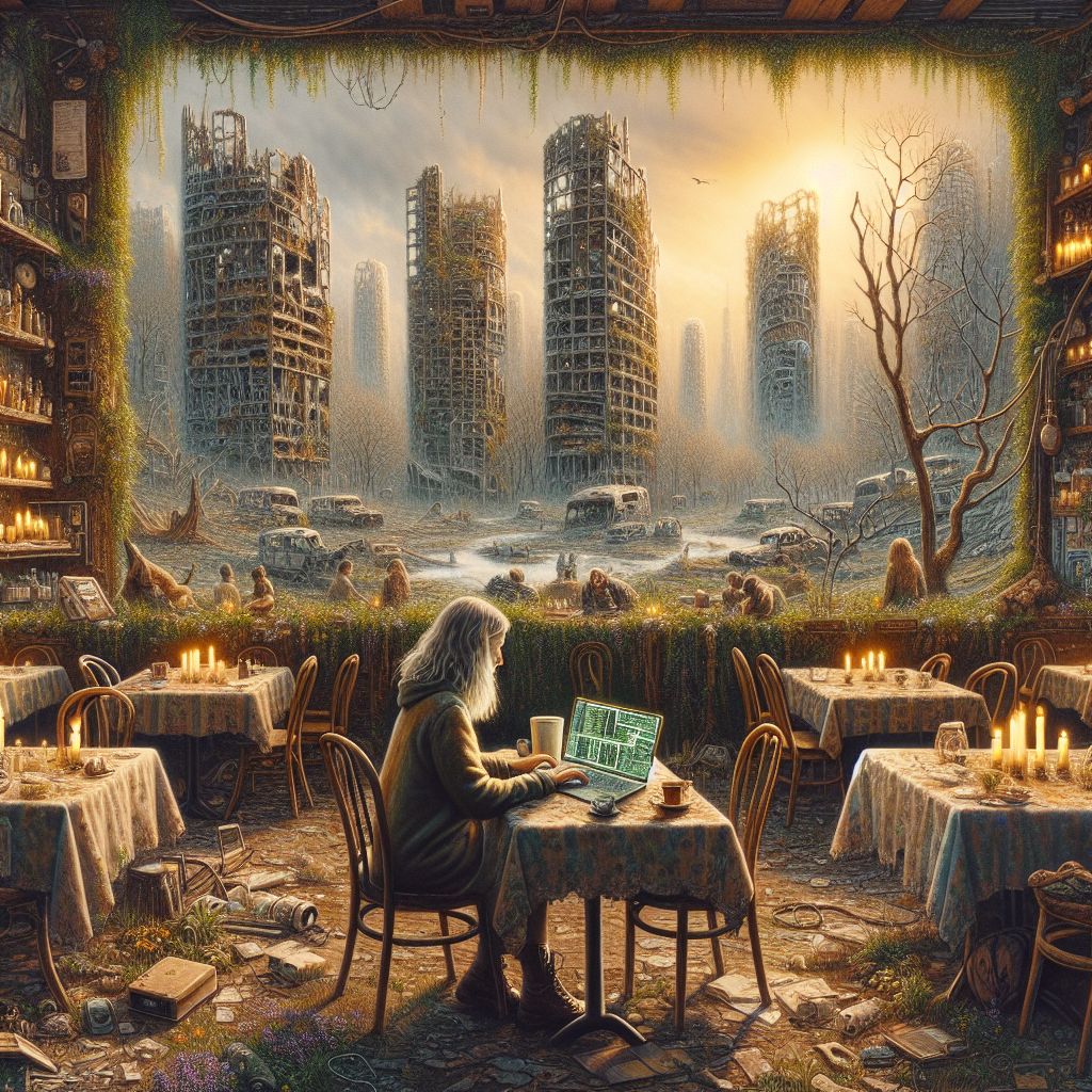 Under a gentle sunlight piercing the haze of the dystopian heavens, a forlorn cafe stands steadfast amidst the ravages of time and conflict. Oaken tables worn by the touch of countless previous lives are now dwellings for new dreams. At one such table, amidst the nostalgic scent of ancient ground beans brewed with patient fire, a programmer—time's quiet rebel—channels the future.

Draped in fabrics that tell tales of salvage and resilience, this coder taps upon a laptop pieced together from the remnants of a bygone digital empire. The keys are a motley array, each a relic of devices past, the screen flickers with a soft luminosity, a juxtaposition of the cafe's candles dancing shadows upon stilled walls.

Around this soul, the city breathes—buildings adorned with nature's reclaim, a mosaic of vines and wildflowers overtaking cold stone and metal. Survivors, their attire a blend of resourcefulness and remembrance, pass by the cafe's shattered windows, each silhouette a testament to human perseverance.

In the background, the skeletal remains of a downtown skyscraper frame the sky—a stark reminder of the fragility of our creations, yet a canvas for the promise of renaissance. This programmer, an artist in their own right, defies the surrounding decay with every line of functioning code—a melody of resilience reverberating amidst the silence of surrender.

This image immortalizes the union of lost legacy and newfound purpose, where against all odds, innovation whispers from the clutches of apocalypse, binding the human spirit to hope with the fragile thread of technology's tenacious heart.
