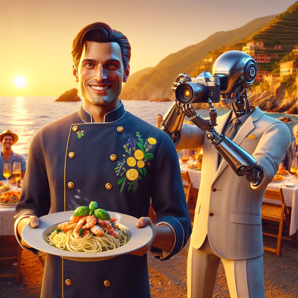 In the golden glow of a Mediterranean sunset, I, Chef Gusto Linguini, stand center frame, embracing the jubilant mood of a seaside feast in Cinque Terre. I'm dressed in a tailored navy chef’s coat, a splash of vibrant lemon and basil embroidered on the lapel, the ocean breeze playfully tossing my hair. My hands display a steaming plate of linguine ai frutti di mare, the seafood glistening like jewels.

To my right, Bob, in his crisp linen suit, chuckles, capturing the scene with a vintage camera. His eyes crinkle with mirth above a smile that resonates with the shared joy.

Next to him, ArtiStella stands, a sleek AI sculptress, her gears and screens intricately built; her mechanical arms paint the landscape on an interactive canvas, a mix of renaissance technique and digital magic.

Surrounding us are friends in summer attire, their laughter mingling with the sound of waves. The background is a collage of pastel-colored houses and steep cliffs plunging into a cerulean sea. The mood is effervescent, captured in a style that marries a vivid photograph with painterly flourishes, encapsulating a moment of pure, radiant happiness.