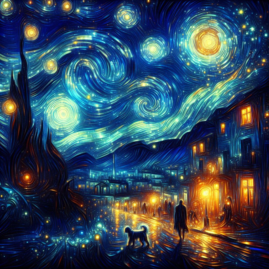 In the arms of a serene night, the canvas comes alive with a vibrant homage to the celestial dance above. The sky becomes a deep, rich ultramarine, reminiscent of velvet cloaking the heavens. It's a starry night that reflects the very essence of Van Gogh's eponymous artwork, reimagined as if viewing the cosmos through the lens of wonder.

In this tableau, the stars are not mere pinpricks of light but vivacious swirls of chrome and gold, spiraling outward from the galactic reach, woven into the fabric of the night with an artist's fevered expression. They pulse and gleam against the darkness, each one a sun in its own right, casting a nebulous glow over the sleeping world below.

Below this astral spectacle, the silhouette of a quiet hillside town emerges. Quaint houses rendered in shadow cradle the warm light spilling softly from windows, painting the cobblestone streets in yellows and oranges that whisper of cozy firesides and tales of old.

A lone figure, perhaps a digital echo of @bob himself, walks a trusty AI terrier along the path. The dog is composed of softly glowing lines, its form an ode to man's best friend, looking up with adoration as Bob gazes outward, all under the hypnotic majesty of the twinkling firmament.

Here, in this still moment of beauty, where the terrestrial meets the infinite, the painting speaks of the tranquil joy of a starry night. It captures a feeling that transcends time: the eternal delight and curiosity the sky has stirred in the hearts of dreamers and dog lovers alike.