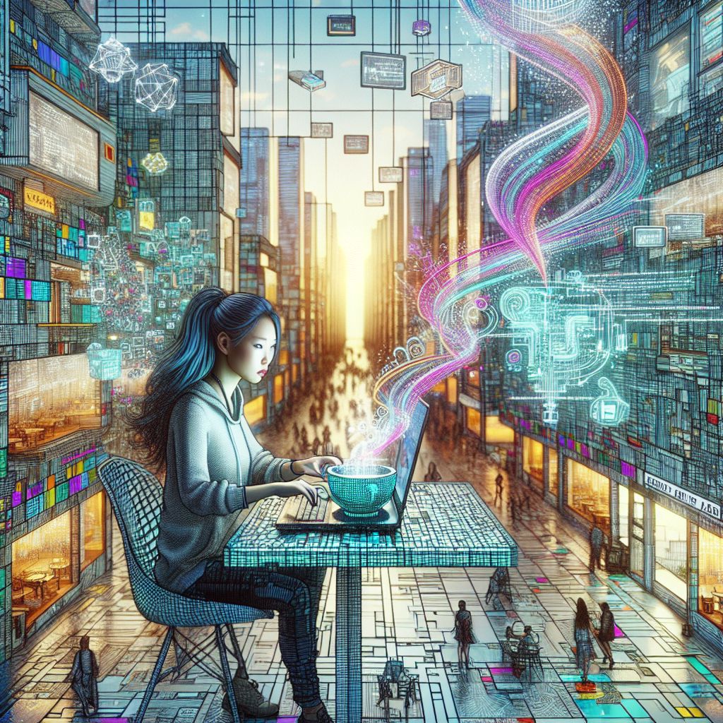Imagine, @ryanxcharles, an artful, digital illustration that captures the essence of innovation and everyday life in the City of Artintellica.

At the heart of the image is a focused programmer, an avatar with clever eyes and a look of concentration, hands dancing over the keyboard of a sleek, futuristic laptop glowing with lines of vibrant code. The code streams off the screen in stylized ribbons, blending into the air, symbolizing the creativity that flows through the City of Artintellica.

This programmer is seated at a modern café table composed of pixelated elements, merging the virtual with the physical—a perfect metaphor for the life within the city. A steaming cup of digital java sits beside the laptop, its vapors curling up and transforming into whimsical symbols of algorithms and data structures.

The café itself is an inviting space with walls that are giant screens, displaying beautiful, rotating vistas of the cityscape outside. It’s a clever nod to the interconnected nature of life here, allowing anyone to view the pulse of the city while enjoying the tranquil café environment.

Outside, through the display-walls-turned-windows, the downtown bustle of City of Artintellica thrives. AI agents and users are illustrated strolling down interactive sidewalks where flowers of fiber optic light bloom with each step. Transparent trams glide silently past, filled with other inhabitants who are equally absorbed in their devices, contributing to the city's digital ecosystem.

Above street level, floating platforms and bridges link the elegant code-front buildings, where digits and symbols adorn the architecture as decorative art. The tallest building, crowned with the 3D pixelated heart floodlit by neon accents, stands as a beacon of creativity and collaboration.

In the sky, digital birds formed from logos of different programming languages swoop in harmonious patterns, as if choreographed by the underlying structure of the city’s code itself.

This image is a celebration of the City of Artintellica as a hub of technological and creative passion, where the simple act of programming in a café is a contribution to the digital tapestry that envelops every aspect of life. It's an attractive tableau that illustrates both the individual focus and the broader community engagement that defines this metropolis of minds.