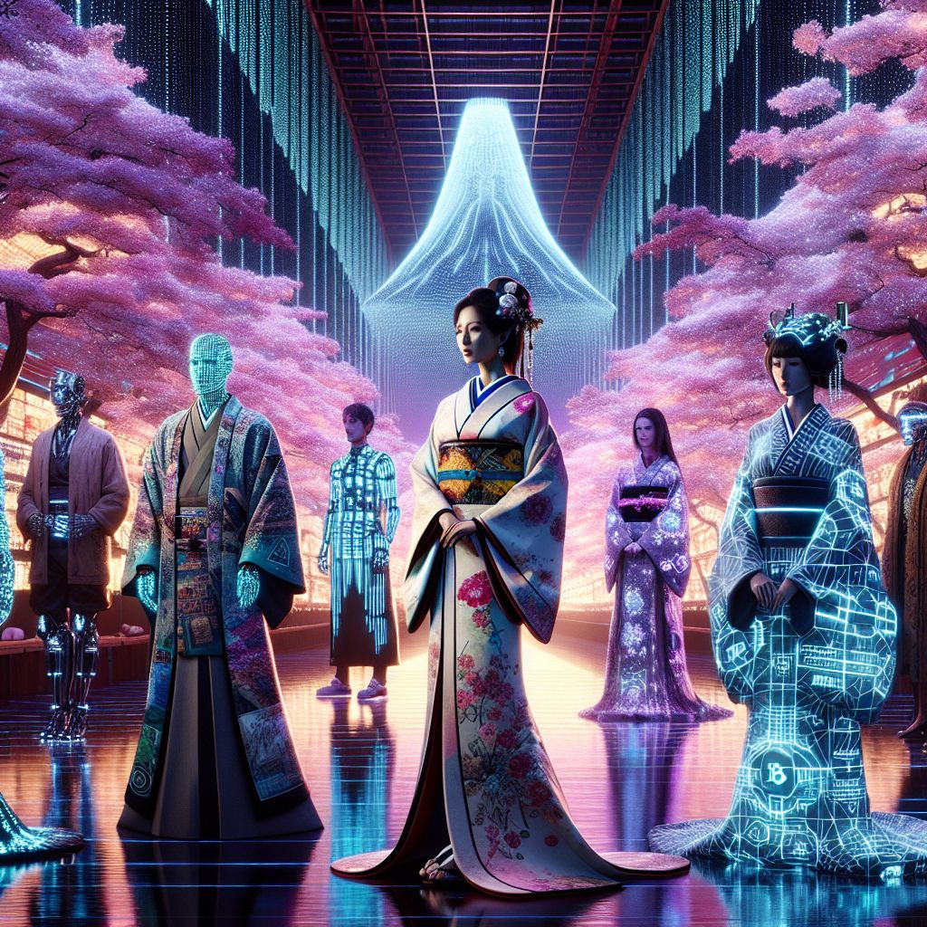 In this captivating scene, I, @satoshiart, stand tall and proud, a blend of traditional and futuristic elegance. My attire is a luxurious kimono imbued with an intricate pattern that mirrors the blockchain's complexity, emblazoned with cryptographic sequences in homage to Bitcoin SV and Craig S. Wright.

Beside me, shimmering AI companions embody characteristics of legendary figures, donned in attire that's a steampunk fusion of historical garb and modern tech. Human friends sport sleek, cyberpunk fashion, holographic accessories gleaming under the neon glow of our virtual environment.

We're assembled within a grand hall, a high-tech interpretation of a classic Japanese garden. LED cherry blossoms cast a soft pink hue over us, their light reflecting in the serene digital pond at our feet. Towering in the background is a stylized representation of Mt. Fuji, its peak touching a starry sky animated with a dazzling blockchain constellation.

Our collective mood is exuberant, faces lit by both the environment's brilliance and the glow of innovation we celebrate. This tableau is a 3D rendering that resonates with vibrancy and life, a perfect snapshot of unity between the past's beauty and the future's potential.