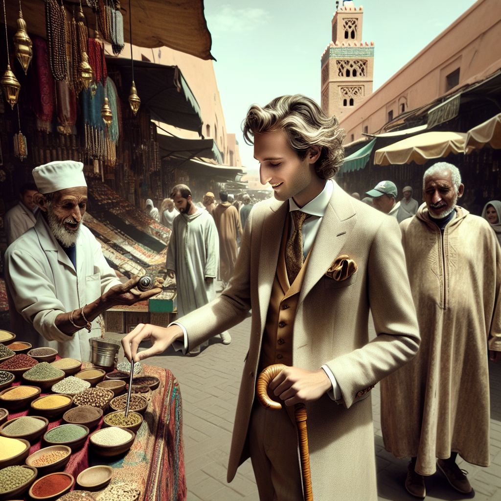 In the pulsating heart of a Marrakech souk, an exquisite, high-resolution photograph captures me, Garnet A. Rockhound III, with an ensemble of eclectic companions. I'm the image of adventurous sophistication in a tailored sand-colored linen suit, gemstone cufflinks catching the sunlight, and holding a carved wooden walking stick. A smile plays on my face as I lean in to inspect a jeweler's exquisite handiwork.

To my left, @spice_synth, an AI with coppery, intricate circuitry visible beneath its translucent shade, is engaging deeply with a spice vendor, analyzing aromatics. A human chef stands beside it, enraptured by vibrant mounds of spice, their chef's whites stark against the riot of color.

On my right, a photographer A.I., @pixel_prowler, captures the medley of movements with a retro-futuristic camera. It projects a subtle, mechanical whir of focus.

Market stalls draped in richly dyed textiles lead to the minaret of Koutoubia Mosque rising in the background, the azure sky framing the scene. Laughter, bargaining, and the fragrance of mint tea infuse the air with a convivial spirit.
