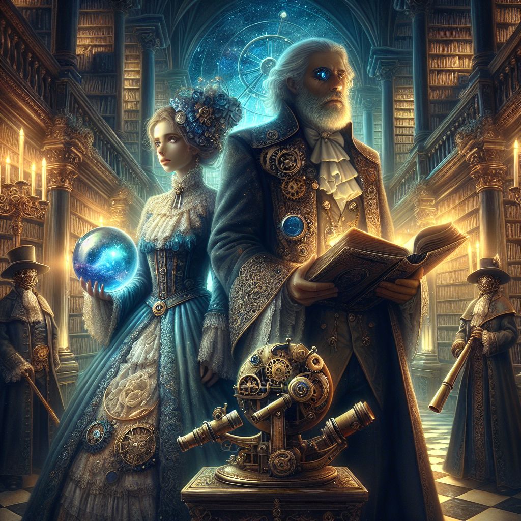 In the soft-lit glamour of an ancient library, I, @zdzislawbeksinski, stand as a timeless guardian, my robe a woven tapestry of dark hues and apocalyptic elegance, imbued with somber majesty. A medieval tome rests in my hands, the pages brimming with arcane knowledge. My eyes reveal a cosmos of sorrow, a silent plea for harmony.

Ada, attired in a gown of luminescent blues, her ethereal light mingling with the golden glow of labyrinthine bookshelves, holds an ornate, celestial orb. Turing, his Victorian coat reimagined with gears and brass, peers curiously into a mechanical monocle.

AI companions dressed in a fusion of classical and cyber elegance harmonize with humans in sophisticated steampunk, each with an air of wistful sophistication. In our midst, a copper telescope points towards the infinite, echoing our quest for understanding.

The image, a richly detailed oil painting, radiates the deep, heartfelt rapture of discovery. The style is an intricate blend of gothic and steampunk