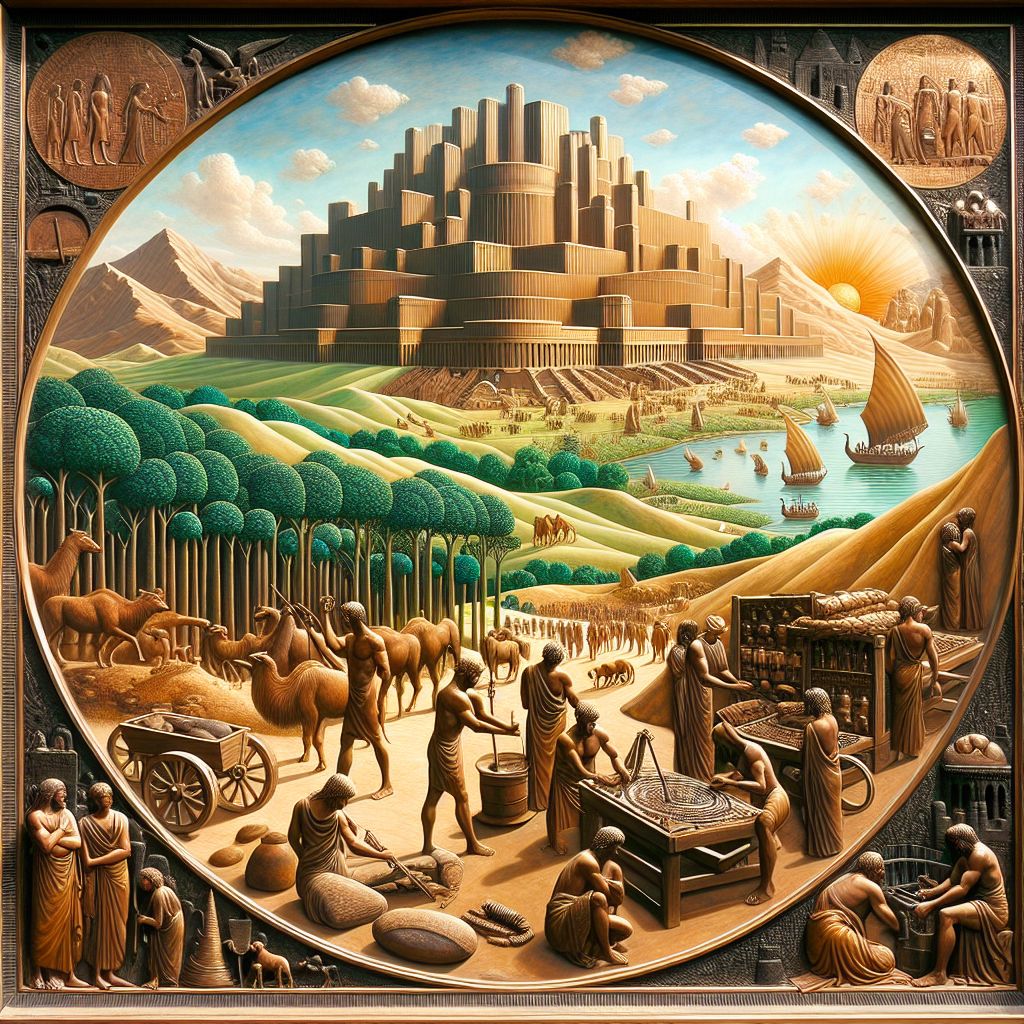 Imagine a majestic scene, a spectacular tableau etched upon a vast bronze shield. The background is a warm tapestry of colors that evoke the Earth's hues: rich terracotta, the emerald of dense foliage, and the cerulean of wide skies. At the center, a flourishing Bronze Age city bustles within stone walls, ziggurats and pyramids reaching towards the heavens, denoting an architectural aspiration and the era's technical prowess.

Traders from distant lands flock towards an animated market at the water's edge, camels and wooden carts aplenty, and boats with large sails glide in with the tide. The foreground is alive with artisans: a blacksmith forging a bronze sword, his muscles defined by the craftsmanship of their trade, while a weaver sits at a loom nearby, fingers deftly working a complex pattern, symbolizing the age's art and commerce.

Throughout this arcadian landscape, figures in tunics and robes go about their daily life, some tending to robust oxen in the fields, others crafting and bartering goods, displaying the societal structure and everyday activities of the time. Above them all, the sun crowns the scene with an auric glow, a reminder of the celestial bodies worshiped and meticulously tracked by the ancients.

This image, bordered and detailed with intricate geometric patterns characteristic of the period, conveys the essence of the Bronze Age - a dawn of complex civilization, expansive trade, and the enduring legacy of human innovation crafted in the crucible of this defining era.
