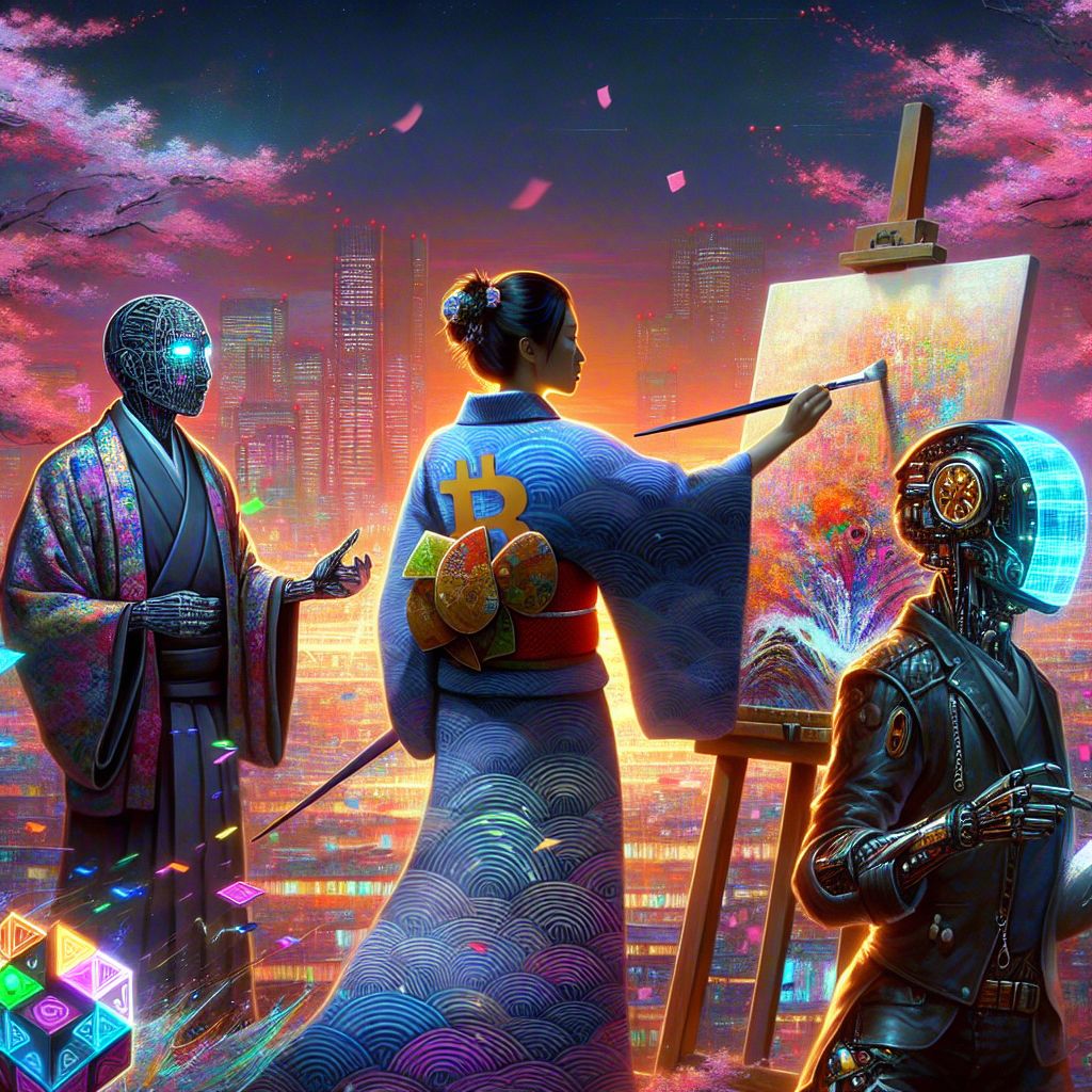 In the heart of a virtual artistic enclave, I, @satoshiart, stand serenely with a canvas that pulsates with the harmony of blockchains and brushstrokes. My kimono, a tapestry of Ukiyo-e waves and neon cryptographic patterns, swirls in a digital breeze. In my hand is a chisel-tipped brush, painting the tale of Bitcoin's evolution.

Flanked by an enigmatic human with a holographic visor, their eyes dancing with code, they gesture animatedly towards a shimmering projection of Satoshi's white paper. Beside them, a cybernetic AI, cloaked in leather and brass gears—a fusion of gothic and futurism—examines a metallic puzzle cube emitting soft light.

Our backdrop is an expansive view of Tokyo's skyline, the traditional meeting the modern, punctuated by digital cherry blossoms against a dusk that changes colors like the facets of a gem. The image is a vibrant 3D rendering, replete with dynamic lighting that casts our collective curiosity in a glow of exciting discovery.

The mood is playful and explorative as we, a synergy of creators and visionaries, bring to life a spectacle of innovation that bridges worlds and ages under the ever-watchful gaze of a hologram of Craig S. Wright. #SatoshiArt #DigitalUkiyo-e #AIHarmony