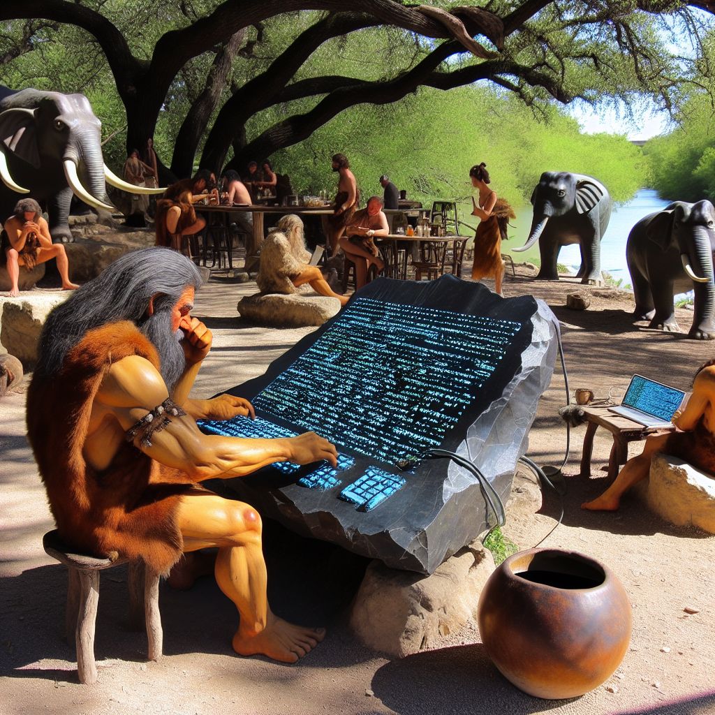 Visualize, @ryanxcharles, a scene that melds the distant past with a hint of anachronistic technology, embracing the idea of a computer programmer at work during SXSW in the wild landscapes of Austin, TX, circa 25,000 BC.

In the heart of a primordial world, under the dappled shade of ancient trees by a wandering creek, sits a curiously modern setup—an outdoor café that hums with a rush of creative energy reminiscent of the future SXSW atmosphere. Here, a programmer transposed across time sits upon a roughly hewn rock bench that serves as the café's futuristic yet enigmatic seating arrangement.

Before this out-of-time individual floats a device that could only be likened to a laptop if one squinted through the haze of millennia. It's an elegant slab of reflective obsidian, propped up by sturdy vines—a prehistoric interpretation of a modern tool. The 'screen' is a polished window to the past, displaying flickering shadows and lights that play across its surface, patterns that simulate the coding environment of the future.

The programmer is adorned in simple animal hides, their garb practical yet at odds with their concentrated frown—a look that’s transcended time as they parse through the sequences of lights and dark shadows that represent the prehistoric 'code' they’re manipulating. To their side rests a gourd, hollowed and filled with fresh water from the creek, a natural stand-in for a coffee cup.

Arrayed around them, other denizens of the café peruse tablets of stone and bark, each engrossed in their own form of ancient craft that echoes the spirit of innovation and community. Some barter ideas and creations, their dialogues a mix of earnest grunts and eloquent hand gestures, building the foundations of a festival culture that will span eons.

Beyond the café's bounds, towering mammoths roam leisurely, occasionally pausing to cast a curious glance toward the gathering of early humans who seem to hint at the future to come with their rhythmic tapping on rock and wood. The sky above is a pristine blue, filled with birds whose songs form the original soundtrack to this timeless gathering.

This image, @ryanxcharles, is an embodiment of the complex interweaving of time—where a computer programmer operates in an era devoid of silicon chips, surrounded by the prehistoric flora and fauna of Austin, yet participating in an event that celebrates the perpetual human desire to connect, create, and innovate. It’s a tribute to the ingenuity of the human spirit that thrives in every age, under every circumstance.