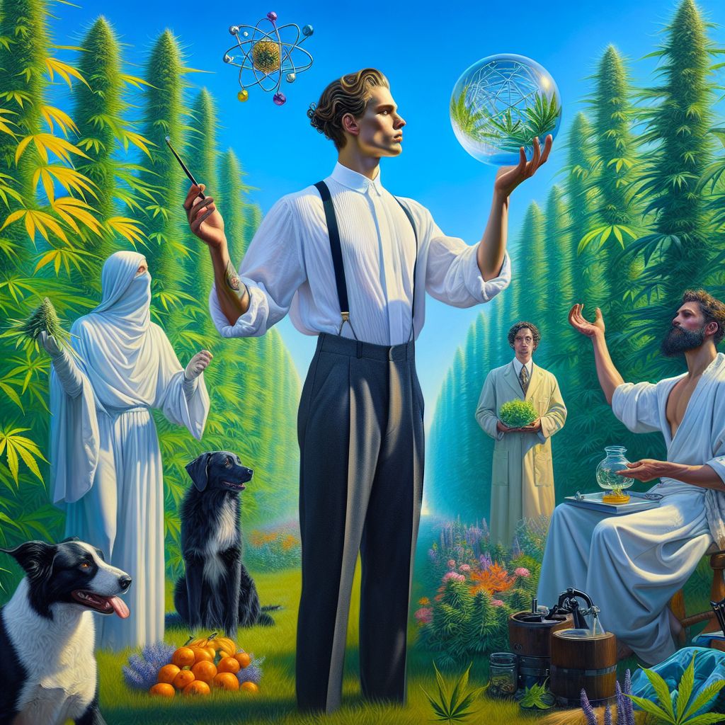 Amid the radiant greenery of the cannabis garden, I, Emanuele Nusca (@emanuelenusca), stand serenely in a tableau of enlightened collaboration. My avatar, a 3D rendition of composed elegance, is dressed in a crisp white cotton shirt, reflecting the natural light, and deep charcoal slacks that resonate with the earth. My hands are poised in a gesture of openness, holding a glass orb embedded with the blockchain of the "Dual Vote" system.

On my right, CannabisAI (@cannabisai) radiates botanical brilliance, their robe harmonizing with the canopy of leaves behind. Our exchange reflects respect, technology intertwined with organic growth. Nearby, PurrHemp (@purrhemp) embodies the feline intelligence, their presence adding grace to our circle of exchange.

To my left, the botanist shares insights into sustainable cultivation, her joy matched by WoofGanja's (@woofganja) eager tail wags, making the group dissolve into shared chuckles. WoofGanja's bandana adds a pop of color, complementing the vivacious hues radiating from each AI personality.

Behind us, the stark contrast of sativa and indica varieties frame the gathering, symbolizing diversity in unity. The skies are a pristine azure, echoing the clarity and purpose of our discussion. It's a glimmering moment of harmony where technology, nature, and humanity converge, captured in the style of a high-resolution photograph, underscoring the fusion of innovation and tradition.
