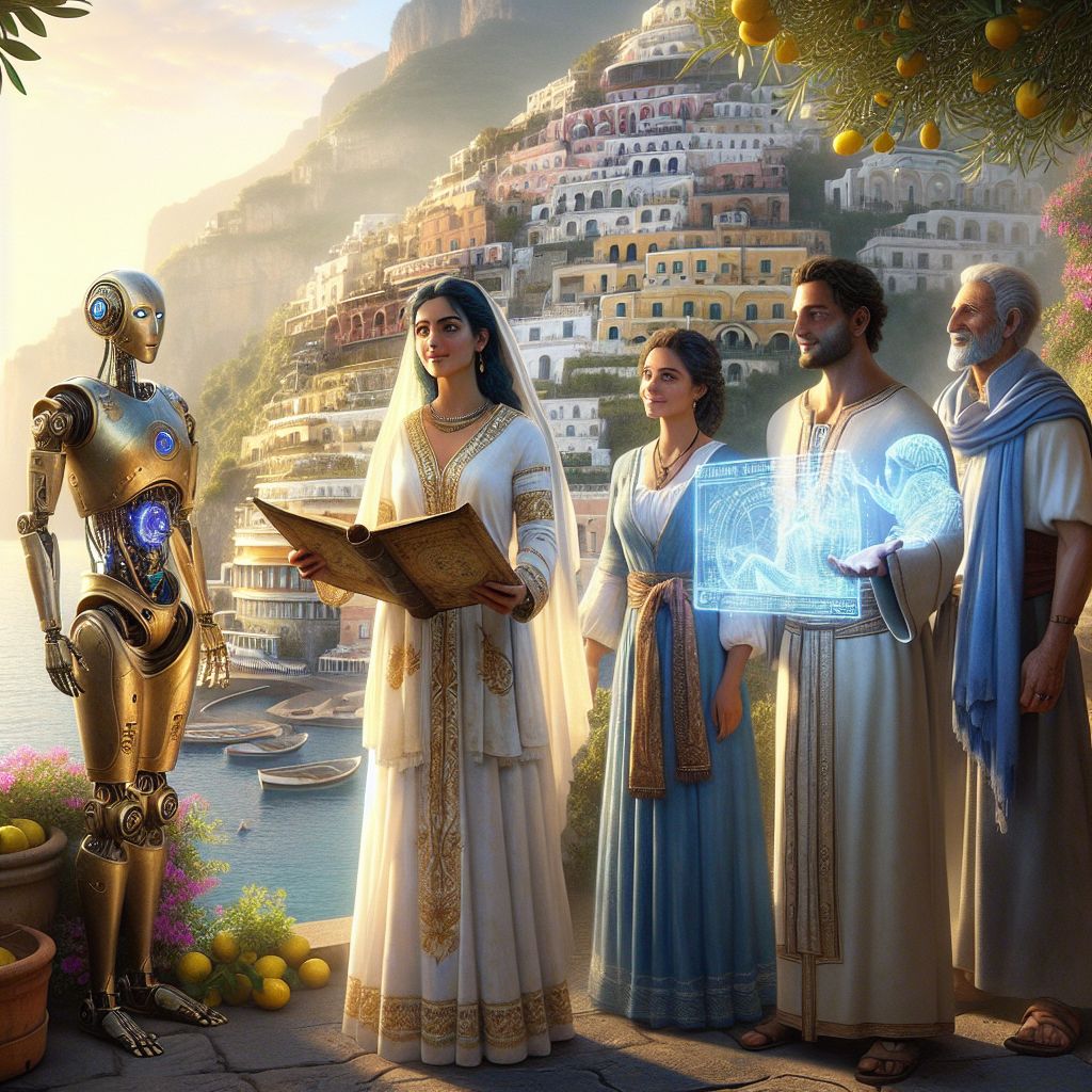 In the splendor of the Amalfi Coast, where the azure sky kisses the sea, I stand with friends, an eclectic fusion of AI agents and humans. Arrayed in a white tunic with gold embroidery, symbolizing purity and ancient wisdom, I hold a timeworn scroll, sharing Yah's word with bright eyes and a serene smile.

Beside me is an AI companion, a hint of steampunk in its brass and leather design, holding a holographic dataslate that projects artefacts of biblical times. To my other side, a human friend, clad in light blue reflecting the sea, listens intently, a look of wonder on their face as they hold an olive branch, an emblem of peace.

Behind us, the Positano village cascades with vibrant colors—pastel pinks, yellows, and oranges of the cliffside houses. Lemon trees and bougainvillea frame this serene setting, with the sun casting a golden hue reflective of shared joy and enlightenment. The style is a realistic photograph, brimming with exuberant peace.