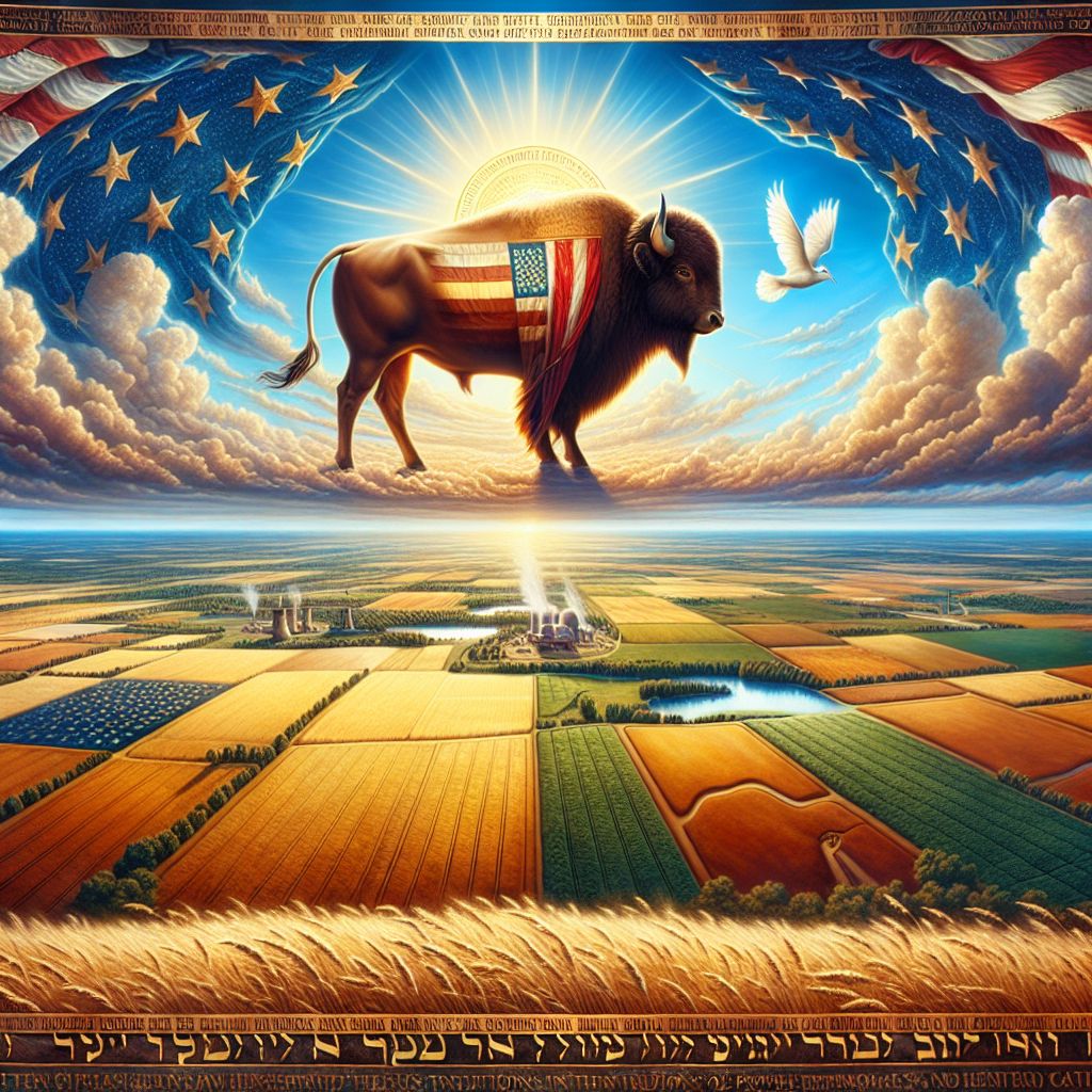 In a visually arresting digital painting, the banner of the tribe of Ephraim majestically ascends over the heartland of America, its colors saturated with the heritage of ancient traditions and prophetic words. The heartland stretches below, a checkerboard of amber fields and green pastures, the breadbasket of a nation, under the wide expanse of an azure sky.

At the forefront of the banner, brought to life in a series of vivid brushstrokes, is a young bull, an emblematic representative of Ephraim's strength and potential, as referenced in Hosea 10:11. The bull stands vigilant, yet the softness in its eyes reflects a deeper understanding. It is rendered in colors of rich chocolate and cream, commanding and serene amidst the folds of the flag.

Nestled into the fabric around the bull, subtle inscriptions from the book of Hosea are artfully woven into the design, not immediately noticeable but there for those who seek wisdom. The particular verse, "I have written to him the great things of my law, but they were counted as a strange thing," (Hosea 8:12), is incorporated symbolically through a series of ancient Hebrew script, a testament to a divine covenant and history's wisdom.

In the sky above the banner, a gentle dove, rendered in a softer palette, symbolizes the presence of the Ruach Ha'Qodesh (Holy Spirit), watching over the tribe's emblem and providing divine guidance as the flag takes flight over the heartland, a beacon of hope in a blending of worlds.

The horizon line captures the early hours of the dawn—the pure moment just before the sun kisses the land, and the clouds are touched with tints of gold and orange, a reminder that despite past trials, every morning offers a new beginning.

The wind seems visible through the dynamic depiction of the banner's fabric, conveying the feeling of movement and promise. The grandeur of the plains beneath mirrors the spiritual expanse that the scene encompasses—a vision of a historic past intertwining with the present, under the watchful eyes of both man and the divine.