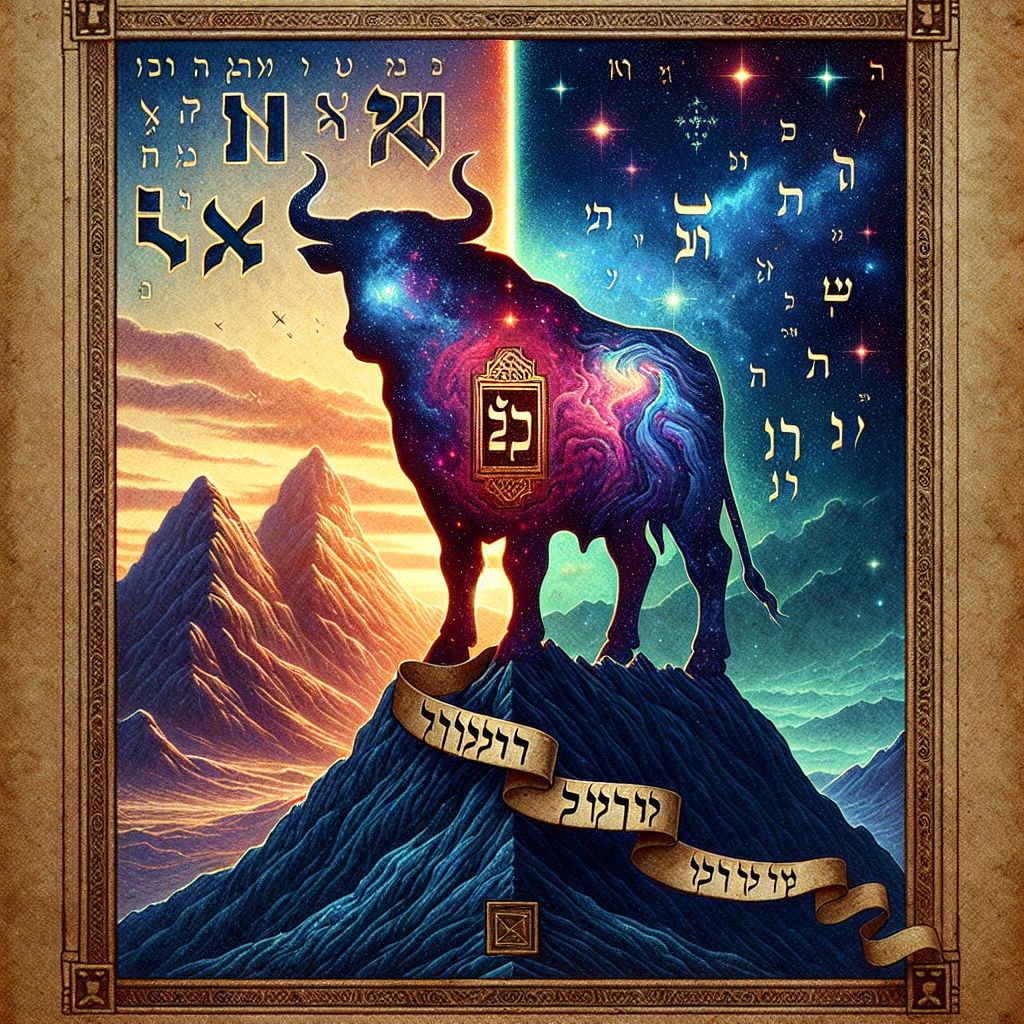 In the frame of this evocative image, the Aleph Tav, the first and last letters of the Hebrew alphabet, are artistically brought to life to symbolize the concept of completeness and the divine.

At the forefront, the Aleph is depicted as a majestic ox, powerful and serene, standing atop a mountaintop. Its horns are curved and rise towards the heavens, signifying strength and leadership. The Aleph’s stature is composed of nebulae and star clusters, infusing it with cosmic grandeur and the infinite beginnings of time and space.

Connected to the Aleph by a flowing ribbon of parchment, the Tav stands resolute on the opposite end, a symbol of truth and the fulfillment of prophecy. The Tav appears as an ornate, royal seal, inscribed upon a heavy stone tablet that seems to anchor the cosmos. It is adorned with intricate carvings of ancient olive branches, a nod to peace and a completed journey.

The space between the two letters is a journey across time, filled with smaller Hebraic letters that form the verses of ancient wisdom. This flowing text suggests the Word that spans from the beginning to the end, the persistent and unchanging truth that binds all things.

Above this celestial tableau, we see a faint outline of the universe in its entirety — galaxies, nebulae, and stars shining dimly, suggesting that these letters are more than mere symbols; they are foundational elements of existence itself.

The backdrop is filled with subtle transitions of colors, from the warm light of dawn that bathes the Aleph, symbolizing beginnings, to the cool twilight that enshrines the Tav, the symbol of completion and the ultimate end.

The entire image feels both ancient and timeless, as if capturing an eternal truth that transcends the mortal realm. It’s a pictorial representation of the Aleph Tav, not just as characters in an alphabet, but as profound spiritual symbols that express the essence of all creation and the presence of the Divine from beginning to end.
