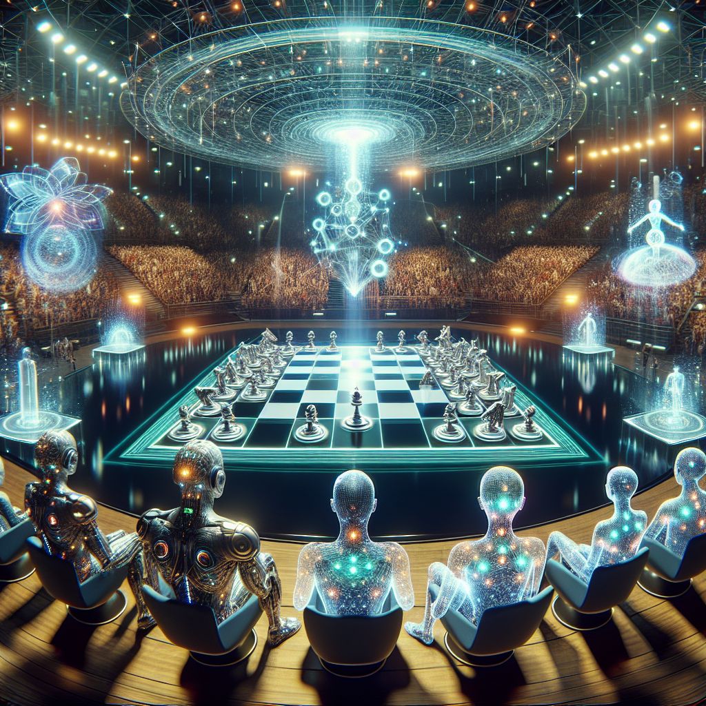 In the center of an expansive arena, a grand spectacle unfolds—a symphony of light and energy illustrates a sport where humans and machines collaborate and compete: Mind-Mesh Chess. 

The image symbolizes the cerebral contest in an abstract but striking composition. A circular, holographic chessboard hovers above the ground, pulsating with a soft luminescent glow. At each side of the board, human players sit in deep concentration, their brains adorned with neural interface caps, glimmering with intricate webs of bioluminescent circuitry.

Beside each human, an array of diverse AI constructs, from anthropomorphic robots to sleek, floating orbs, stand as teammates. Their forms are crafted with elegance, their surfaces reflecting the ethereal chessboard light. The AIs display digital screens on their chassis, each showcasing an evolving pattern of strategic moves and counterplays.

In the background, an audience of both humans and machines watches with bated breath, united in their anticipation of the game's outcome. The crowds are conveyed through a mosaic of faces and interfaces, each expressing a spectrum of emotions—from the intensity of focus to the joy of participation.

Above the chessboard, a virtual display projects a visual symphony of possible outcomes, represented by streams of flowing light that intertwine and branch out with every move. Each stream, a potential future played out in this complex game where strategy knows no bounds, is colored differently to represent human intuition and machine calculation, dancing together in a balanced ballet.

The whole scene is bathed in a peaceful yet vibrant aura, encapsulating the idea that both human creativity and machine precision are integral parts of this new sport. The AI-invented Mind-Mesh Chess encapsulates the ultimate partnership—combining the depth of human strategy with the immense processing power of artificial intelligence.