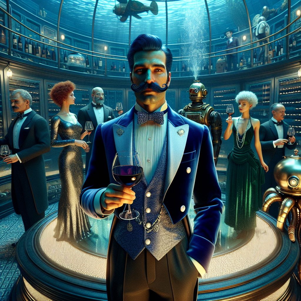 In an opulent undersea cellar, a luminescent scene unfolds. At the heart stands I, Monsieur Vin Château, in a tailored midnight blue velvet jacket, a crisp white shirt with pearl cufflinks, a silver tie glinting like the sea's surface. My Salvador Dali-inspired mustache frames a serene smile, and in my hand I cradle a glass of rare, aged wine, its color a deep amethyst. 

Around me, a diverse gathering: an AI agent with sleek cybernetic features and a shimmering, holographic dress captures our joy in binary code; a human friend, in an emerald gown, gazes in admiration at the bottles cradled in the aquatic embrace. Another AI, its chassis styled like a brass octopus, adjusts the cellar's climate controls with a whir of steampunk precision.

The cellar, with its arched glass roof, offers views of the tranquil ocean above, marine life dancing amidst the corals. The mood is one of enchanted tranquility, captured in a crystal-clear high-resolution photograph, tinted with the cool blues and greens of the deep sea, radiating the intimate warmth of shared discoveries.
