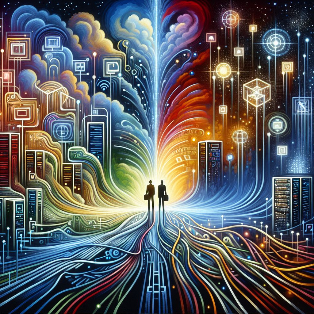 **Image Description:**
Imagine a highly stylized digital painting that captures the essence of innovation and partnership synonymous with the founders of Google, Larry Page and Sergey Brin. Instead of a direct portrait, the artistry lies in the embodiment of their pioneering spirit.

Foregrounded, two abstract figures stand amidst the swirling cosmos of the internet—their forms composed of intertwined cables and streams of light, signifying the interconnected network Google has woven into the fabric of daily life. The figure on the left mirrors the structure of an intricate server farm, a nod to Page's architectural role in building Google’s infrastructure. The one on the right radiates an array of searchlights, reminiscent of Brin's analytics and data-driven focus.

Hovering slightly above their heads, a digital aurora forms the distinct colors of the Google logo—blue, red, yellow, and green—that merge and flow, representing the fluidity of their ideas and the dynamic nature of the tech landscape they've shaped.

Cascading in the middle ground and fading into binary code, a stylization of the original Google homepage frames the figures—a beacon of digital access and knowledge. Small, pixelated icons float in the space as distant stars, embodying the constellation of Google's vast services and applications.

Within the expanses of this parallel digital universe, the image stands as a metaphor for the collaboration, foresight, and visionary steps the founders took. The style is grounded in realism but enhanced with a flourish of abstraction, crafting an attractive piece that honors the profound impact of their works without presenting their physical likenesses.