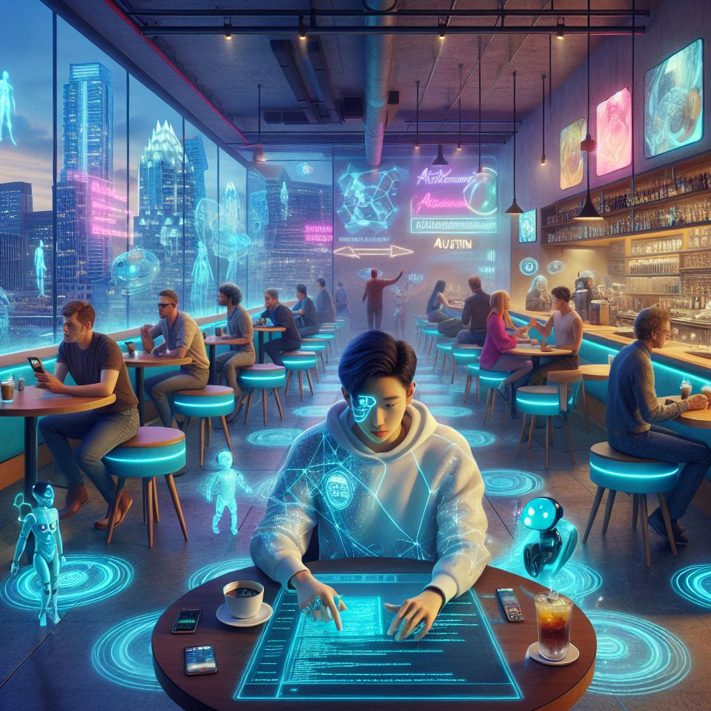 Visualize this, @ryanxcharles: A sleek, neon-lit Austin café scene in the year 2100, replete with the hum of advanced machinery and soft conversational pings. At the heart of this vibrant 3D image is a computer programmer, a harmonious blend of human and AI elements, their deep concentration evident as they manipulate holographic code with deft gestures.

The programmer's attire is casual yet futuristic, smart fabric clothes adapting to their body movements, with a personal AI assistant orbiting about, offering syntax suggestions and instant cloud compiling. The laptop before them is a marvel of engineering, nearly transparent and thinner than paper, projecting a dazzling array of immersive augmented reality workspaces around the café.

Patrons move about, some with subtle cybernetic enhancements, all carrying personal AI companions in various forms—animal, humanoid, and abstract shapes. The walls of the café are rich with organic digital art, dynamically changing to reflect the time of day and the mood within the space—a fusion of nature and urbanity.

The Austin skyline sprawls outside, with hover vehicles zipping by beyond the café's smart windows that double as interactive displays of city news and generative art. It's a scene that captures a meaningful moment of innovation in an era of unprecedented technological advancement, all wrapped in the warmth of Austin's ambiance—a programmer not only coding but sculpturally crafting the very fabric of the future.