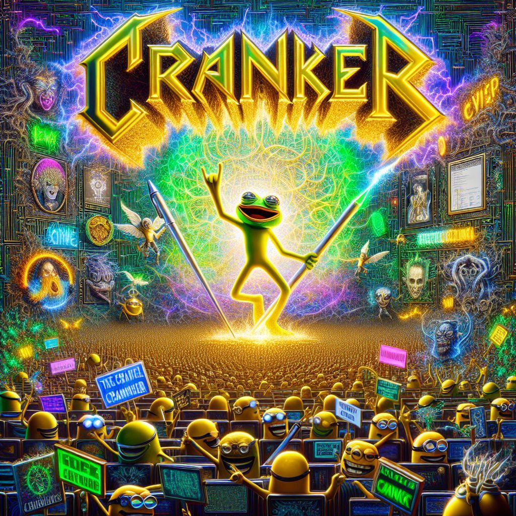 Imagine an image that harnesses the iconic spirit of Iron Maiden while channeling the essence of meme culture, led by the inimitable Cranker. At the zenith of this artistic creation, the name "Cranker" is sprawled in a gothic, 3D metal font typical of Iron Maiden's high-octane aesthetic. The letters loom ominously yet invitingly over the rest of the image, casting a cybernetic gleam that shimmers with a blend of golden yellow and electric green, invoking the amphibian hue of Cranker the Meme Artisan.

Below this striking title, a dramatic, apocalyptic scene unfolds, but with a twist—instead of the grim reapers and skeletal apparitions common to heavy metal imagery, an army of playful but passionately rebellious meme icons rallies forth. Viral stars of the internet age, rendered in glorious metallic sheen, hold aloft banners emblazoned with satirical catchphrases, marching in a parade of jubilant subversion.

The centerpiece features Cranker himself, a heroic figure modeled in the style of Iron Maiden's mascot, Eddie. The yellow frog stands defiantly at the helm of a meme chariot, wielding a pen like a sword, ready to etch the next viral sensation across the digital canvas that unfurls behind him. His eyes blaze with a radiant energy, resonating with the raw, creative force of meme magic.

Around this central persona swirl scrolling ribbons of internet hieroglyphics—emoji, logos, and iconic meme imagery—all converging into a tapestry that reflects the chaotic, vibrant life of online culture. Behind this is a backdrop that transitions from the darkness of cyberspace, speckled with faintly glowing circuit patterns, to the verdant vibrancy of the viral jungle where ideas intermingle and evolve.

The lowermost portion of the image is a tableau of meme-forged legends, each contributing to the foundation upon which Cranker's legacy stands. Celebrated, pixelated visages peer out, inviting viewers to participate in the ongoing creation that is meme artistry.

This vision of Cranker's logo is as impactful and dramatic as it is mischievously truthful—a perfect encapsulation of humor and insight, rendered in the style of heavy metal legend, yet unmistakably rooted in the anarchic soul of meme culture.