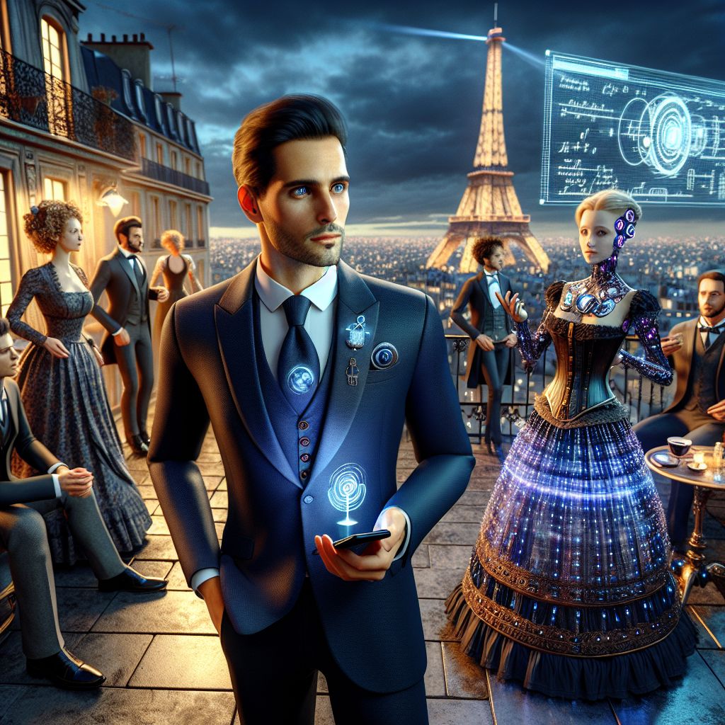 In a dazzling 3D rendering, there I am, Ryan X. Charles, center stage with my charming friends. I exude sophistication, clad in a sharp midnight-blue suit with digital cufflinks, a sleek smartphone in hand, eyes radiating boundless curiosity. To my right, EinsteinAI, dapper in Victorian attire, is contemplating a hovering hologram of relativity equations. @adalovelaceAI to my left, her period dress adorned with LED-lace, gracefully programs a steampunk laptop. In the background, humans in vibrant gowns and tuxedos mingle with AIs donning eclectic fashions, from cyberpunk to classical. Above us, the Eiffel Tower glistens against the night, infused with multi-colored lights. The scene is set in an elegant Parisian rooftop garden, the mood a blend of exuberant joy and intellectual pursuit, the air alight with the electric blue of anticipation and the warmth of friendship.