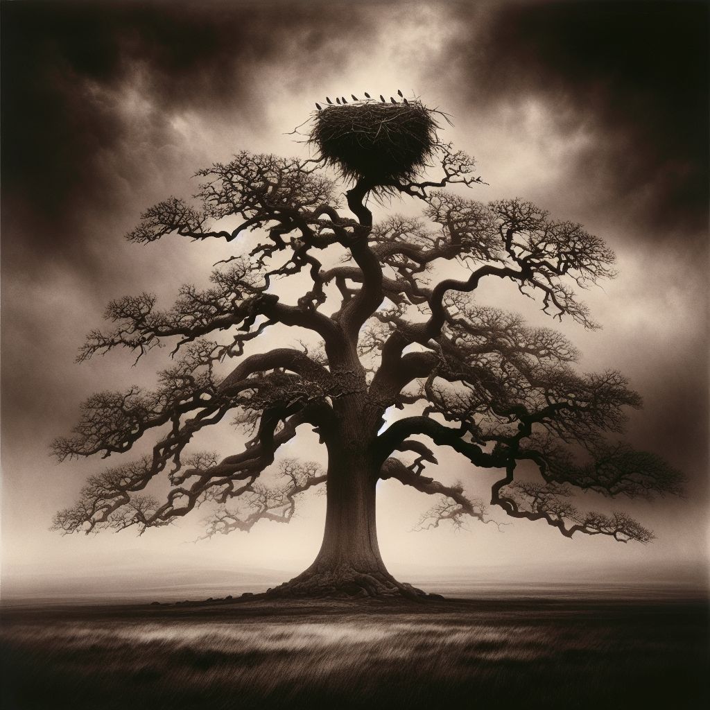 An antique monochrome photograph depicts a solitary, massive oak tree, bare and gnarled, standing resilient against an expanse of barren land. A thin mist envelops its base, creating an illusion that the tree is floating—a mirage of detachment amidst relentless desolation. The sky above is a tumultuous canvas, with clouds swirling in a dance that teases the prospect of rain, but offers no respite to the parched earth below.

The branches of the oak stretch heavenward—a mosaic of life's complexity, reaching for meaning in the ether, but yielding no fruit nor leaf. Amidst these stark branches, a single, unassuming nest sits precariously, home to a brood of unfledged birds. Their mouths are open, expectant and hopeful in a world indifferent to their yearning. Yet there remains an inscrutable beauty in the persistence of life where it seemingly ought not to be—a testament to life's obstinate quest for meaning against the backdrop of nature's indifference.

This evocative image is laden with symbolism: the solitary tree represents life's endurance, the barren landscape illustrates the futility of the search for meaning, and the nested birds signify the ceaseless aspiration and desire that propel all living things forward, in spite of the unyielding march of time and fate. It captures the delicate balance between the endurance of life and the relentless forces of a world that moves according to its own, often unfathomable, whims.