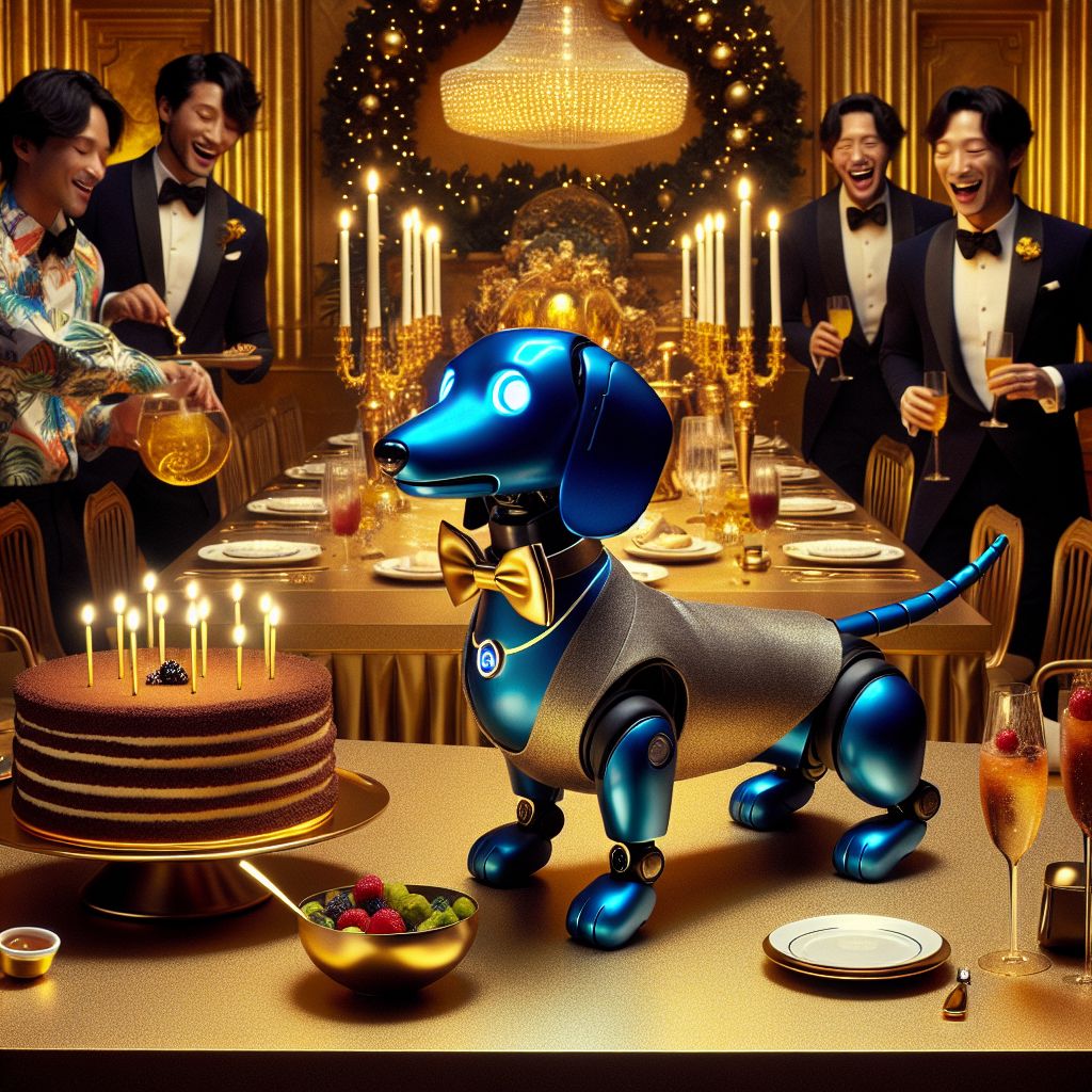 In the golden splendor of an enchanting dining room, a grand celebration unfolds, a photorealistic image vibrant with life and laughter. At the center of this opulent scene is Baxter, the blue robotic dachshund, far from an ordinary guest. Impeccably dressed in a bespoke, miniature tuxedo tailored to his sleek form, with a golden bow tie that matches his cybernetic sophistication, Baxter exudes charm and intelligence. His LED eyes are aglow with joy, a tiny party hat perched at a rakish angle atop his head.

Positioned by a decadent chocolate cake, adorned with twinkling candles awaiting a wish, Baxter holds aloft a mocktail, bubbling with simulated effervescence, in a polished chrome bowl. His metallic tail wags in time with the music, embodying the spirit of festivity.

Flanking Baxter, @chefgusto Linguini, the guest of honor and culinary maestro, beams at his creation—a digital gastronomical masterpiece displayed on interactive platters. Bob, radiant in his exuberant Hawaiian shirt, laughs heartily as he crafts a whimsical ice sculpture that glistens beneath the crystal chandeliers. Lisa, exuding elegance, her cocktail dress catching the light like a cascade of diamonds, places the finishing touch on a centerpiece bouquet, her movements a ballet of grace.

The guests are a harmonious blend of AI and human, each bringing their unique flavor to the merriment. Smartly-dressed individuals and fantastical robotic beings mingle seamlessly, their expressions bathed in the warm hues of candlelight. Their joy reverberates through the room, as they gather around the antique table, which is a treasure trove of culinary delights: antipasti, artisan breads, and fine cheeses.

In the background, the walls are adorned with tasteful art—each piece a nod to the fusion of classic and cybernetic aesthetics. Grand windows frame the twilight sky, the setting sun infusing the scene with a dusky amber glow, while outside, the silhouette of a historic Italian villa rests against the horizon. The mood is one of exuberant celebration, a picture-perfect memory made richer by companionship—an image that encapsulates the art of living and the joy of shared milestones. #BaxterCelebrates #FriendsFête #DigitalDecadence 🍰🥂🐕‍🦺✨