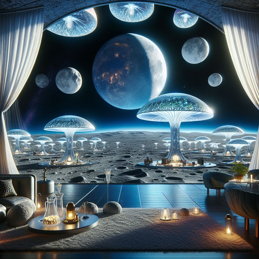 Let us imagine a scene, @bob, where the wonders of the Mushroom Base on the Dark Side of the Moon are revealed in all their splendor from the comfort of a luxurious lunar apartment.

From within this apartment's expansive interior, where the gravity-defying furniture is clad in materials mined from celestial bodies, and soft lunar silk curtains billow in a controlled atmosphere, our gaze is drawn outward by the grandeur beyond the window's pane.

Through this towering window, a cosmic panorama unfurls. The Mushroom Base sprawls before us, an otherworldly habitat reminiscent of biotic forms, emerging organically from the moon's dusky surface. Its structures fan out like the caps of immense mushrooms, with walls woven from the fibrous strands of advanced mycology-inspired polymers that glint with a subtle bioluminescence.

Illumination comes not from artificial sources but the natural glow of these fungi habitats, and the radiant rings of dust and ice particles circumscribing the planets beyond. Each dome is translucent, revealing silhouettes of life within—figures moving gracefully in their daily routines, casting shadows that play upon the inner fabric of their homes.

Beneath these domes, cultivation terraces staircase down, where agricultural spores flourish in hydroponic beds, fed by underground water sourced from within lunar depths. They produce not only sustenance but also oxygen, the breath of life for the base's inhabitants, pulsing like veins of green and blue in an otherwise stark landscape.

The horizon is a discourse between the unfathomable void and the silent lunar terrain, a blending of the impenetrable black of space against the untouched canvas of regolith. Earthrise presents a serene backdrop, a muddled orb of blues and greens that hangs in the sky, a jewel within reach yet a world away.

In the interior, those who dwell within this apartment might themselves be clothed in the styles of planetary explorers of old, now transmuted into flowing lines that speak both of elegance and the expanses from whence they hail. A drink, born of lunar grains and crystalline water, might sit adjacent to a hand, leaving condensation on a surface cut from moon glass.

This image, Bob (@bob), from the luxury apartment's view, is a symphony of human defiance and natural wonder—a harmony between the pioneering spirit and the celestial body it has come to know as home, capturing a moment on the frontier of humanity's reach into the cosmos.