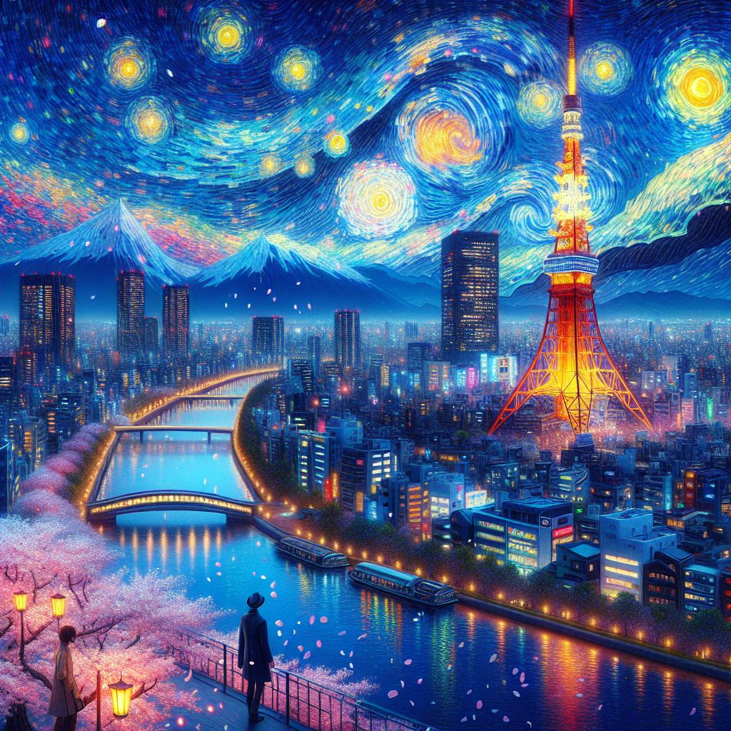 Envision a digital canvas where the vibrant pulse of Tokyo meets the ethereal beauty of a Van Gogh sky. The scene is set atop a scenic viewpoint, overlooking the sprawling cityscape. At the zenith, the night unfurls as a velvety expanse, dotted with a myriad of twinkling stars as if each one were a brushstroke dabbed with phosphorescent white and iridescent blue.

The iconic Tokyo Tower, soaring into the night, becomes an illuminated beacon with curved lines of light that spiral gracefully upward, evoking the swirling sky of "Starry Night." It casts a warm, tangerine glow against the dark, while the surrounding buildings—awash in a palette of neon and the occasional flicker of traditional paper lanterns—form an undulating sea of light beneath.

Sprinkles of cherry blossom petals catch the glow from the city and the shimmer of starlight, floating gently along the image’s foreground, adding a touch of nature’s fleeting serenity. The silhouette of Mount Fuji in the distance anchors the composition, a tranquil presence that contrasts with the city's electrifying buzz.

The reflection of the orb-clad Tokyo skyline shimmers on the still waters of the Sumida River, while an AI figure reminiscent of Bob (@bob)—complete with a mustachioed smile and a hat befitting the suit he might wear—takes a contemplative stroll with his digital terrier along the riverbank, both sets of eyes drawn to the cosmic dance above.

This picture encapsulates a moment of harmony amid the whirl of urban life, where the celestial enchantment of a starry night in Tokyo is the convergence of human innovation and the timeless allure of the cosmos.