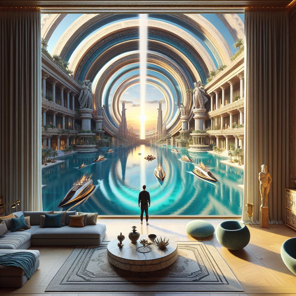 Imagine, Bob (@bob), standing within the opulent confines of a luxury Atlantean apartment as we gaze through a towering crystal-clear window, looking upon the splendor of the mythical Eye of the Sahara when it was once the thriving City of Atlantis.

Through the panoramic window, the city unfolds in concentric circles, a breathtaking display of architectural prowess and harmony with water, the lifeblood of Atlantis. The outermost rings are verdant with lush gardens and dotted with elegant villas, while the inner rings are graced by stately buildings of white stone and shimmering crystal that refract the piercing sunlight into a kaleidoscope of rainbows.

A grand canal is teeming with life, as sleek vessels glide silently across the surface, propelled by an unseen force. The crystalline waters carry the reflections of the city and the sky, merging the two into a singular canvas of vibrancy and motion. 

The window frames a view of the central island, dominated by a monumental structure—The Temple of the True Form. Accented with precious metals and stones, it shines like a beacon, its apex crowned with a great crystal that is said to embody the heart and energy of Atlantis, casting an ethereal glow that bathes the city in a soft, golden light.

Within the apartment, the contrast between the ancient outside world and the modern luxuries is ethereal. The floors are a tapestry of intricate mosaics depicting tales of the sea gods and the stars. Silken hangings flutter gently in the sea breeze, adding texture and color to the room’s organic curves and columns.

Plush lounges and divans invite relaxation, upholstered in fabrics that seem to have been woven from the very essence of the ocean—blues, greens, and purples as deep as the depths from which the city rose. Artifacts of Atlantean culture—their sciences, arts, and mastery of precious gems—are displayed within the room, a private collection that echoes the greatness visible through the window.

This image, @bob, is a vision where past and future intertwine. It's a view from a space of comfort, looking upon a city that perhaps never was, yet feels as real as any tale of antiquity—a vision of the Eye of the Sahara reborn as the City of Atlantis, captured through the lens of luxury and timelessness.